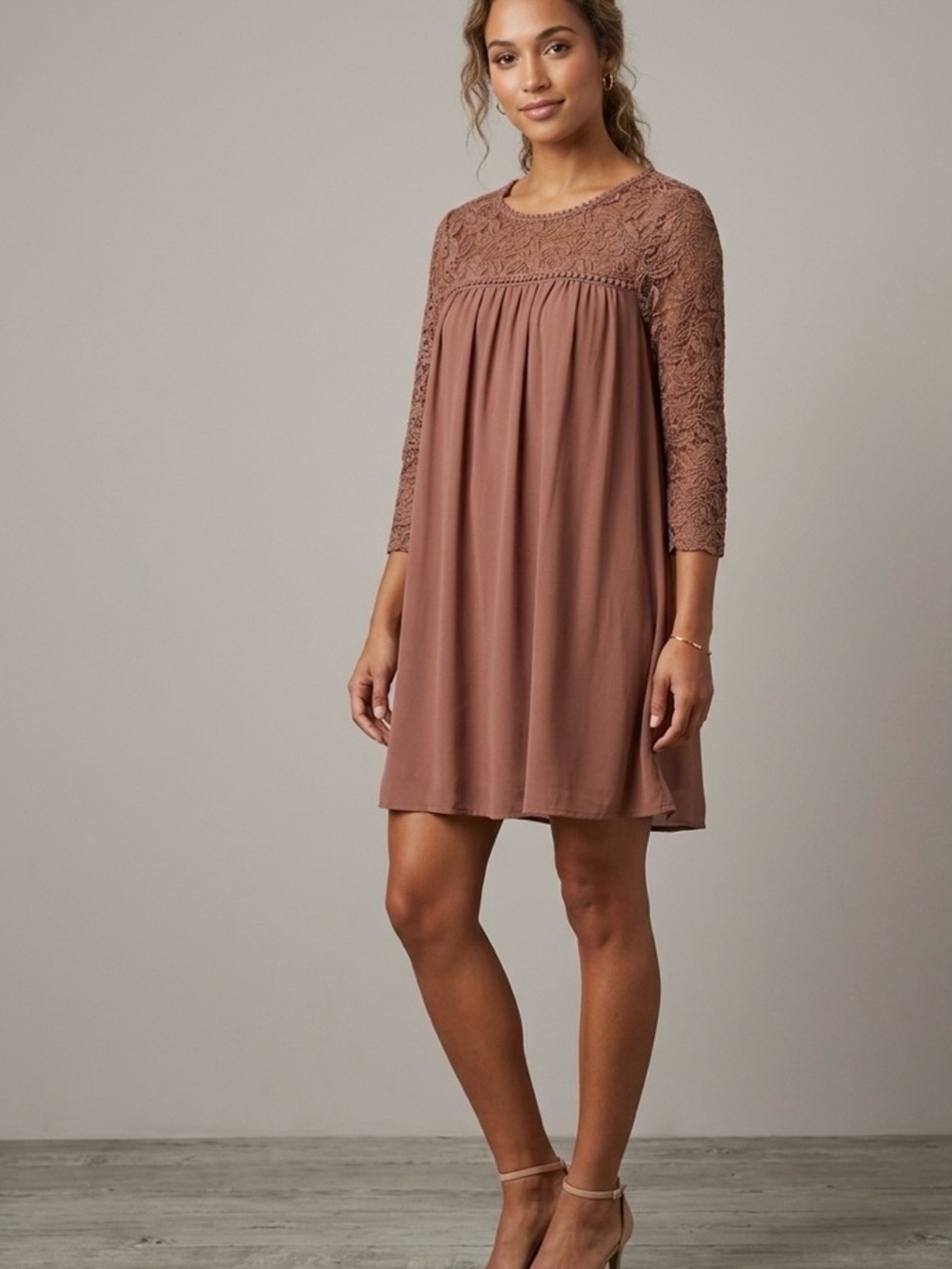 As U Wish Mauve Lace Yoke Chiffon Shift Baby Doll Mini Dress 3/4 Sleeve